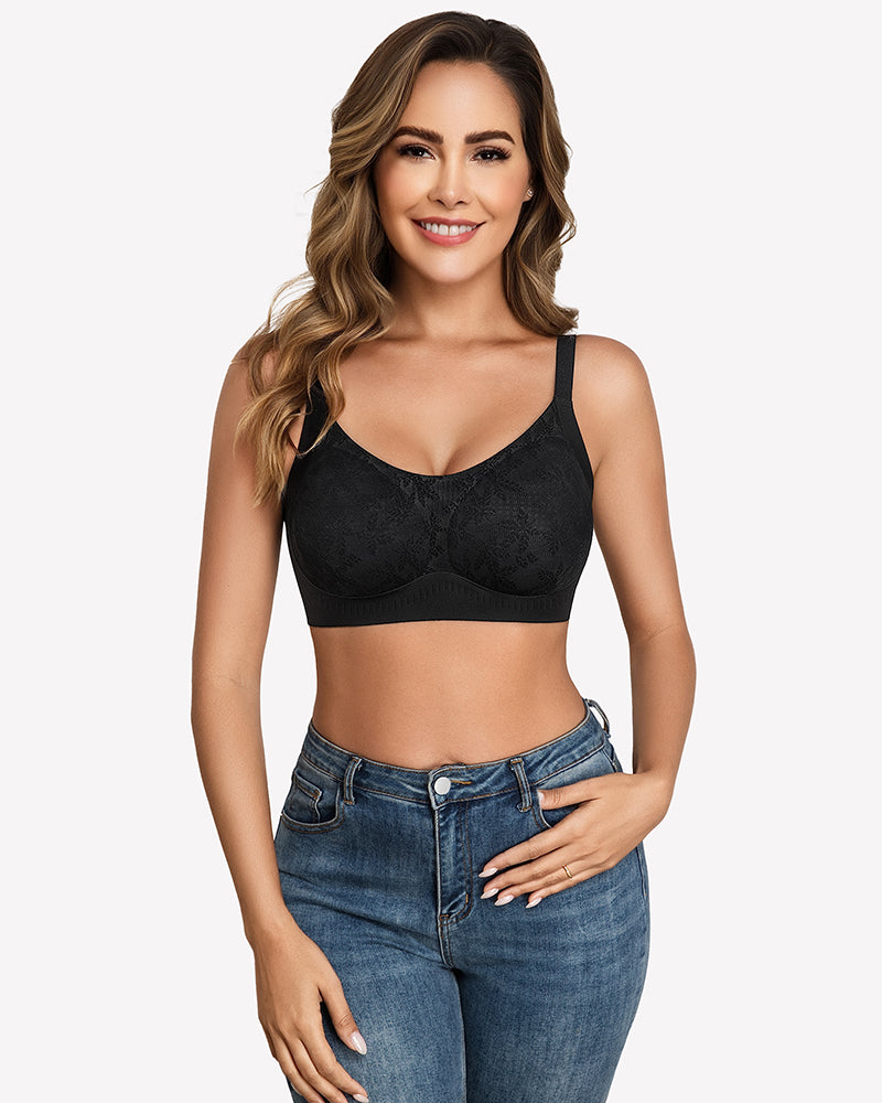 Full coverage wireless bra, black with scalloped lace-look cups and wide band