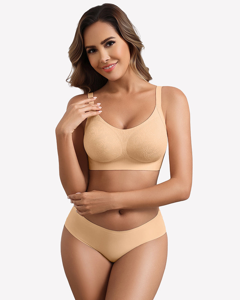 Nude full-coverage wireless bra with contoured cups and adjustable straps, side pose
