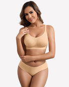 Nude full-coverage wireless bra with contoured cups and adjustable straps, side pose