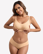 Nude full-coverage wireless bra with smooth contoured cups and adjustable straps