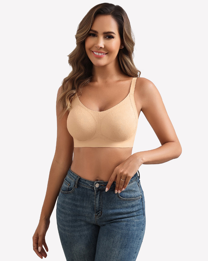 Nude full-coverage wireless bra with smooth cups and adjustable straps, front view