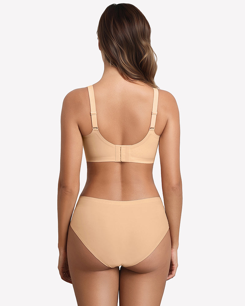 Nude wireless bra with full back coverage, adjustable straps, and contoured cups