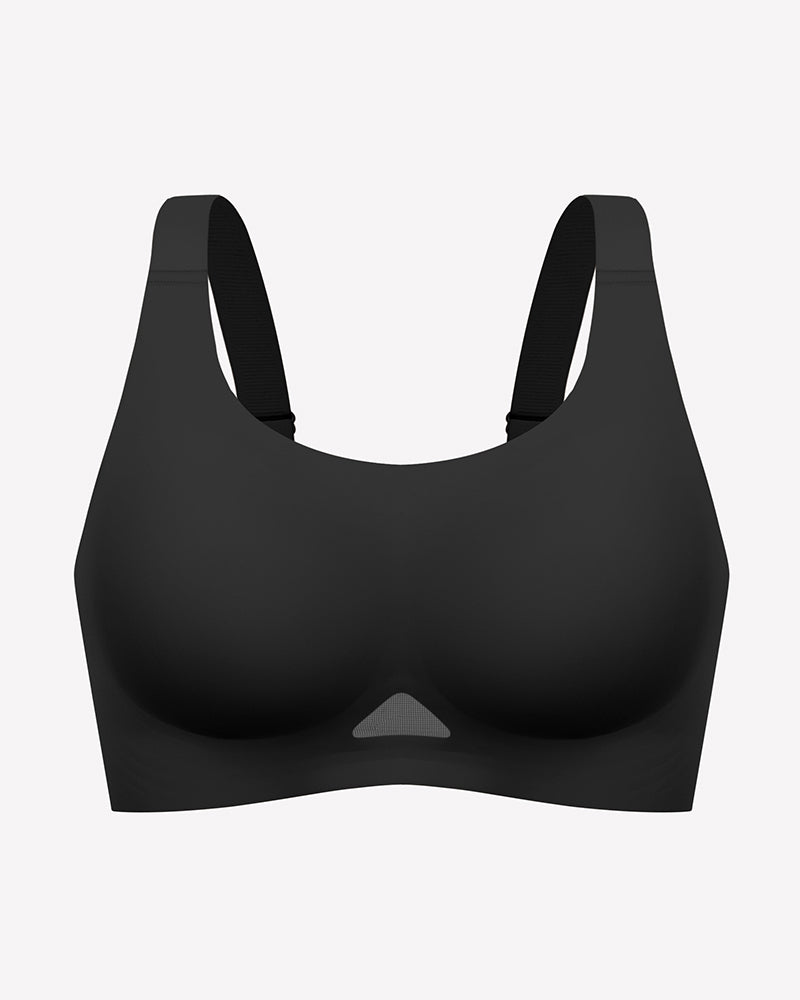 Black wireless jelly bra with U-neck silhouette, seamless padded wireless bralette.