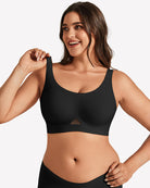 Black wireless jelly bra with U-neck and padded cups, strap detail.