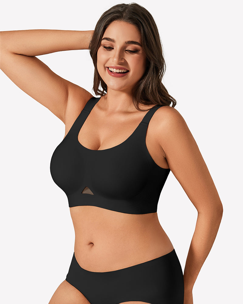 Black wireless jelly bra, U-neck seamless padded bralette with wide racer straps