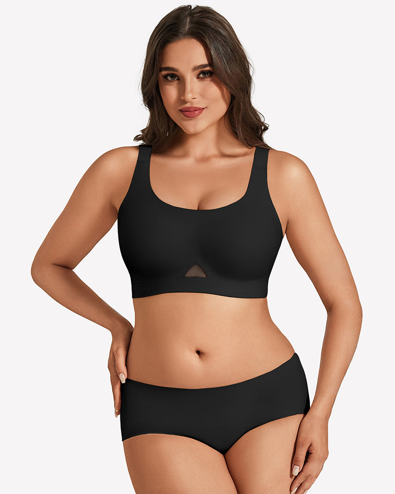 Black wireless jelly bra with U-neck, seamless padded wireless bralette.