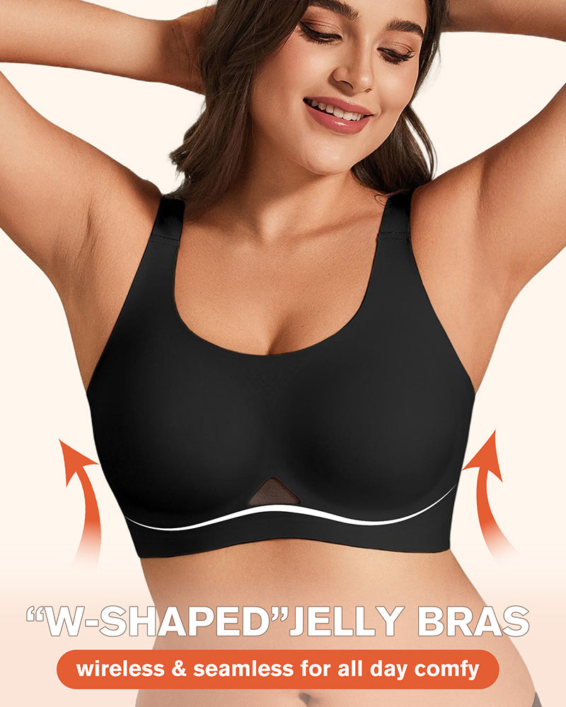 Black wireless jelly bra with U-neck and seamless padded cups.