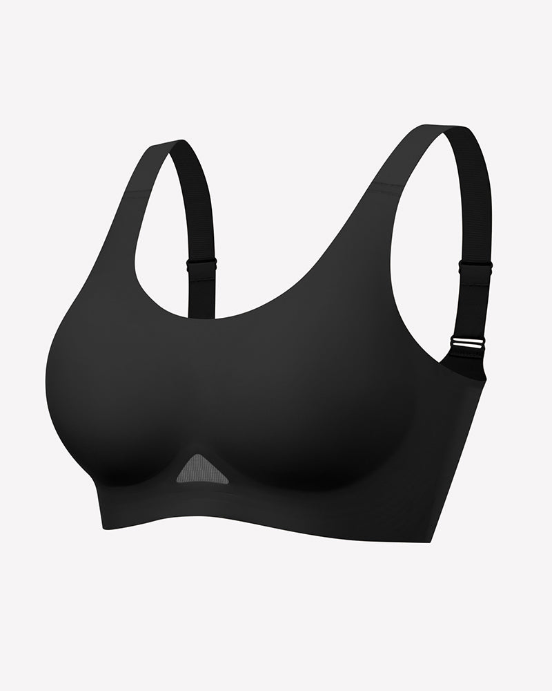 Black wireless jelly bra with U-neck and wide back straps.