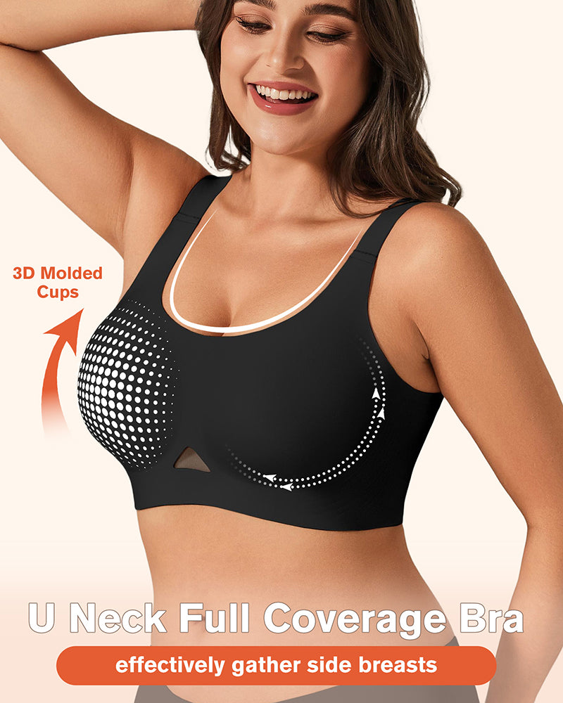 Black wireless jelly bra with 3D molded padded cups and U-neck wireless design.