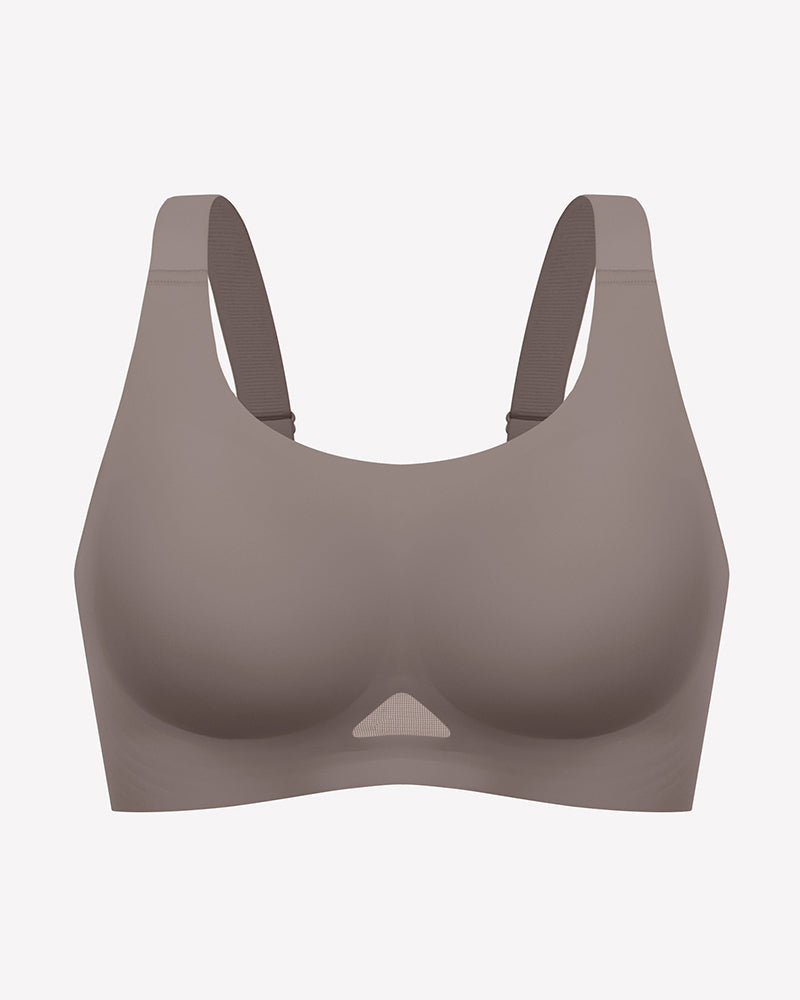 Gray wireless jelly bra, U-neck seamless padded bralette with wide racer straps