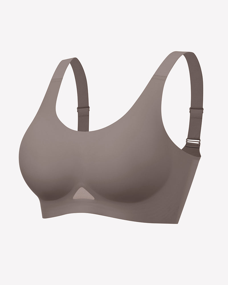 Gray wireless jelly bra, U-neck seamless padded bralette with wide racer straps