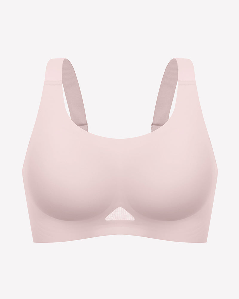 Pink wireless jelly bra, U-neck seamless padded bralette with wide racer straps