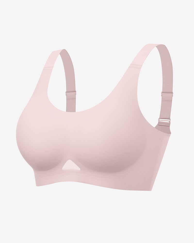 Pink wireless jelly bra, U-neck seamless padded bralette with wide racer straps