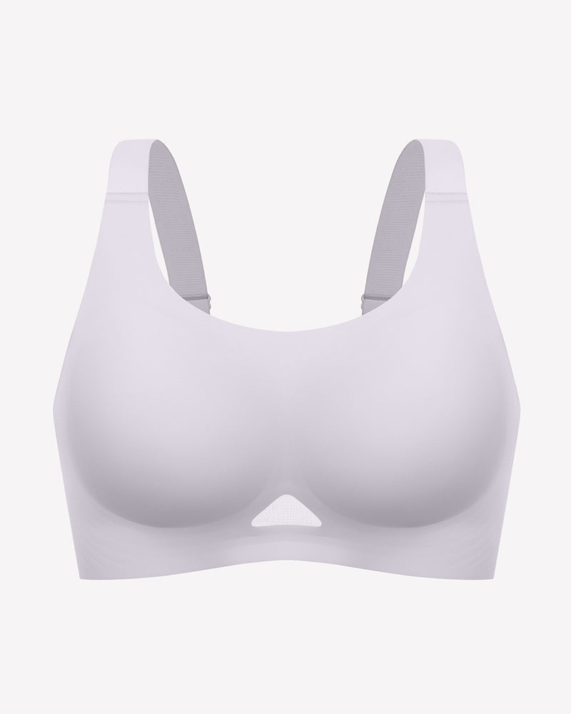 Light purple wireless jelly bra, U-neck seamless padded bralette with wide racer straps