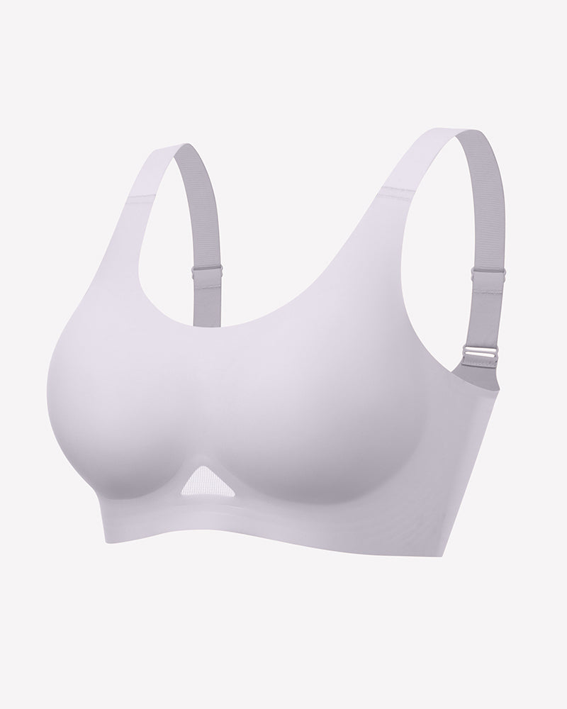 Light purple wireless jelly bra, U-neck seamless padded bralette with wide racer straps