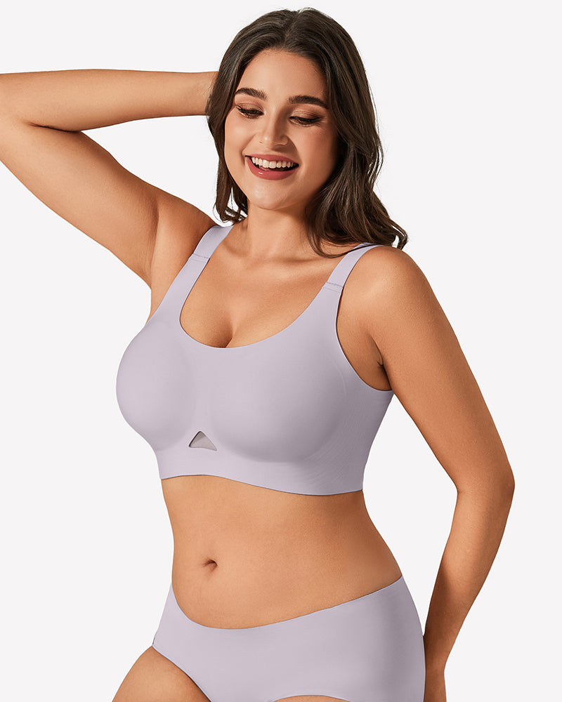 Lilac wireless jelly bra, U-neck seamless padded bralette with wide racer straps