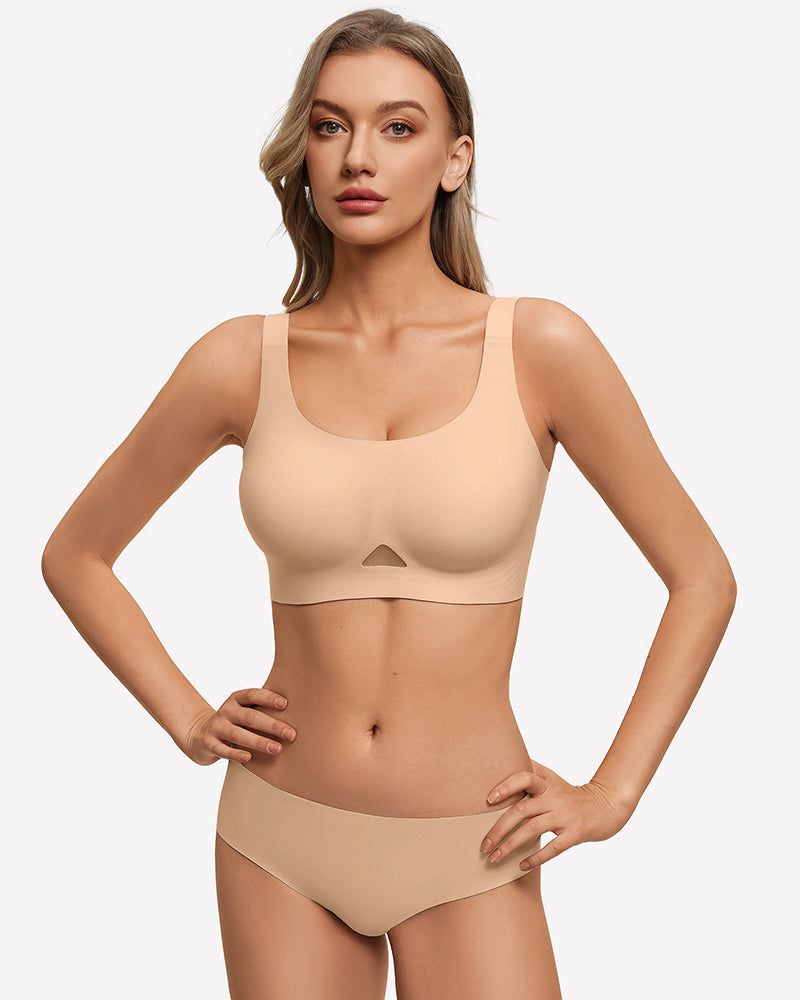 Wireless jelly bra, U-neck seamless padded bralette, nude beige, on-model front
