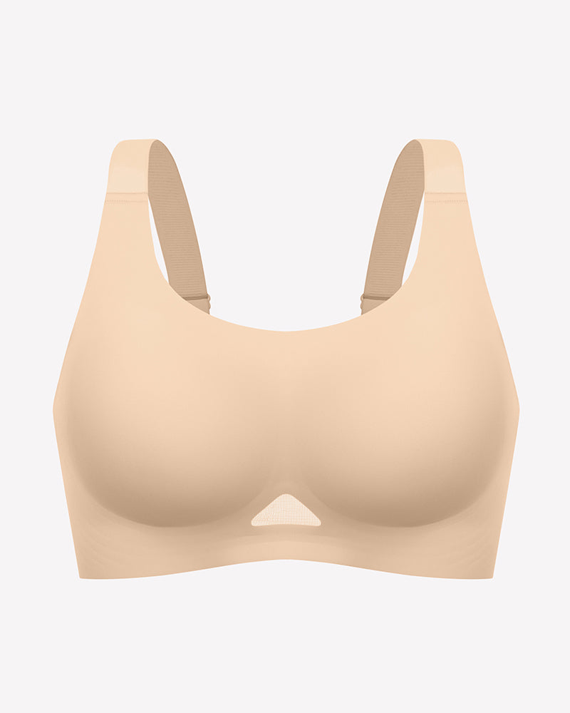 Wireless jelly bra, U-neck seamless padded bralette front view, nude beige