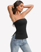 Black bandeau tube top, strapless side view with peplum hem and side slit detail
