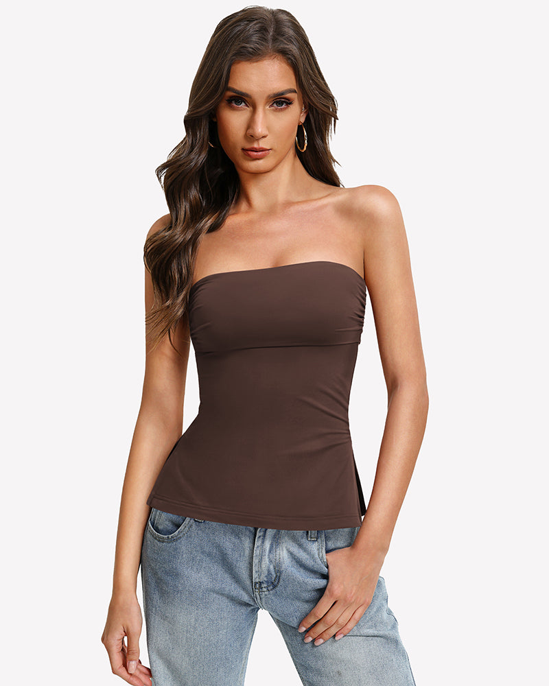 Brown bandeau tube top, strapless fitted peplum hem with side slit