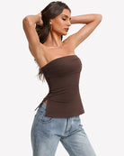 Brown bandeau tube top, strapless side view with peplum hem and side slit