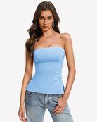 Light blue bandeau tube top, strapless fitted peplum hem with side slit