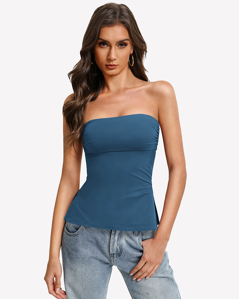 Blue bandeau tube top, strapless fitted peplum hem with side slit