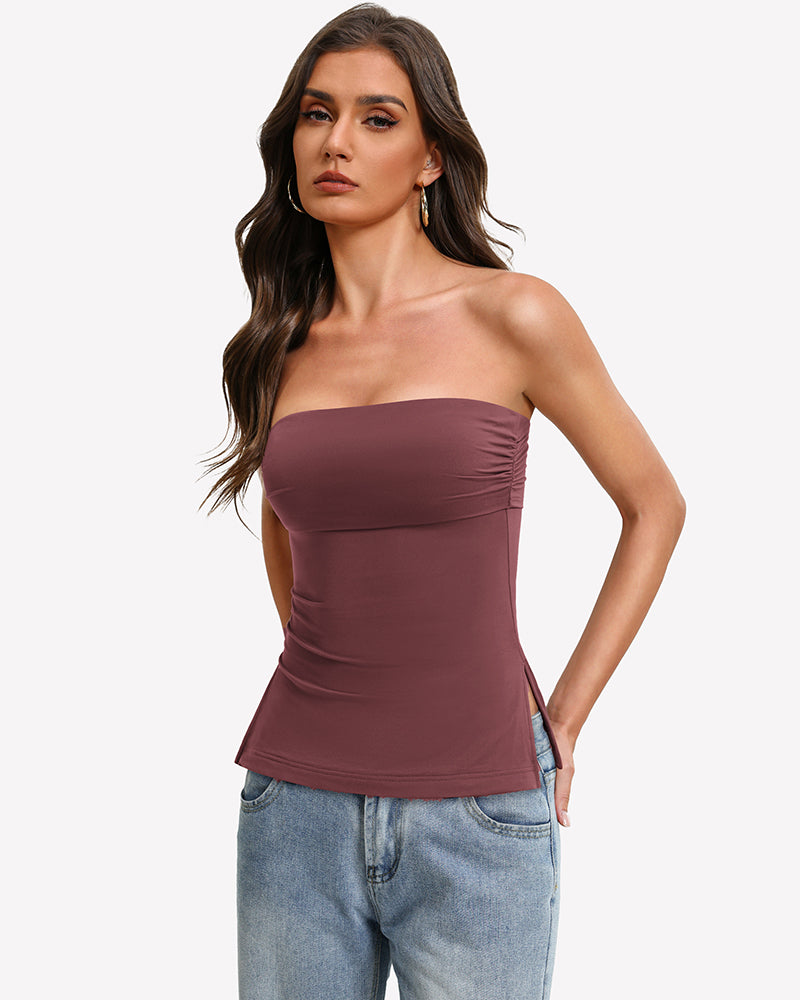 Rose-brown bandeau tube top, strapless fitted peplum hem with side slit
