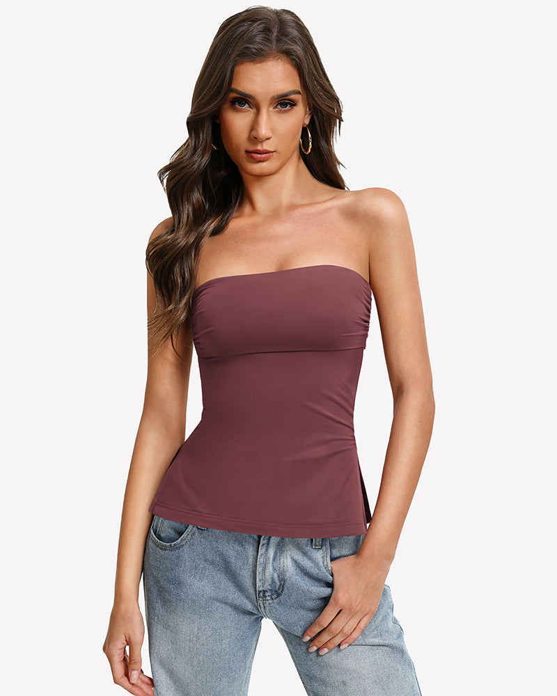 Purple-red bandeau tube top, strapless fitted peplum hem with side slit