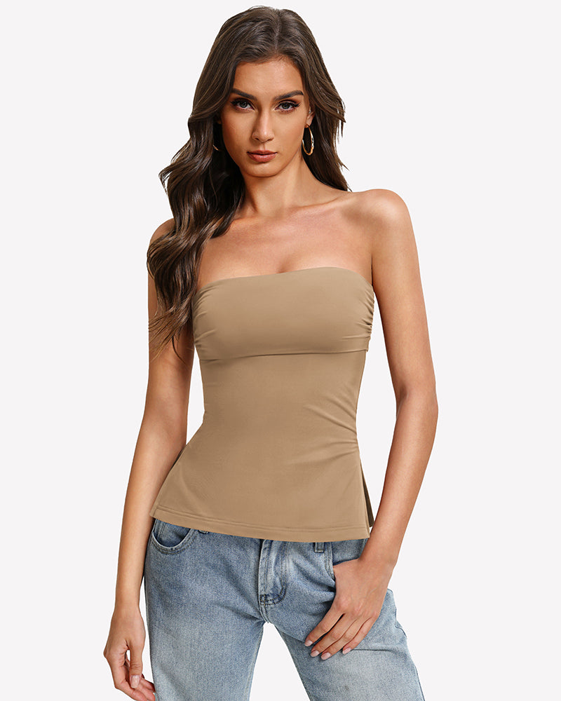 Nude strapless bandeau tube top, fitted with curved hem