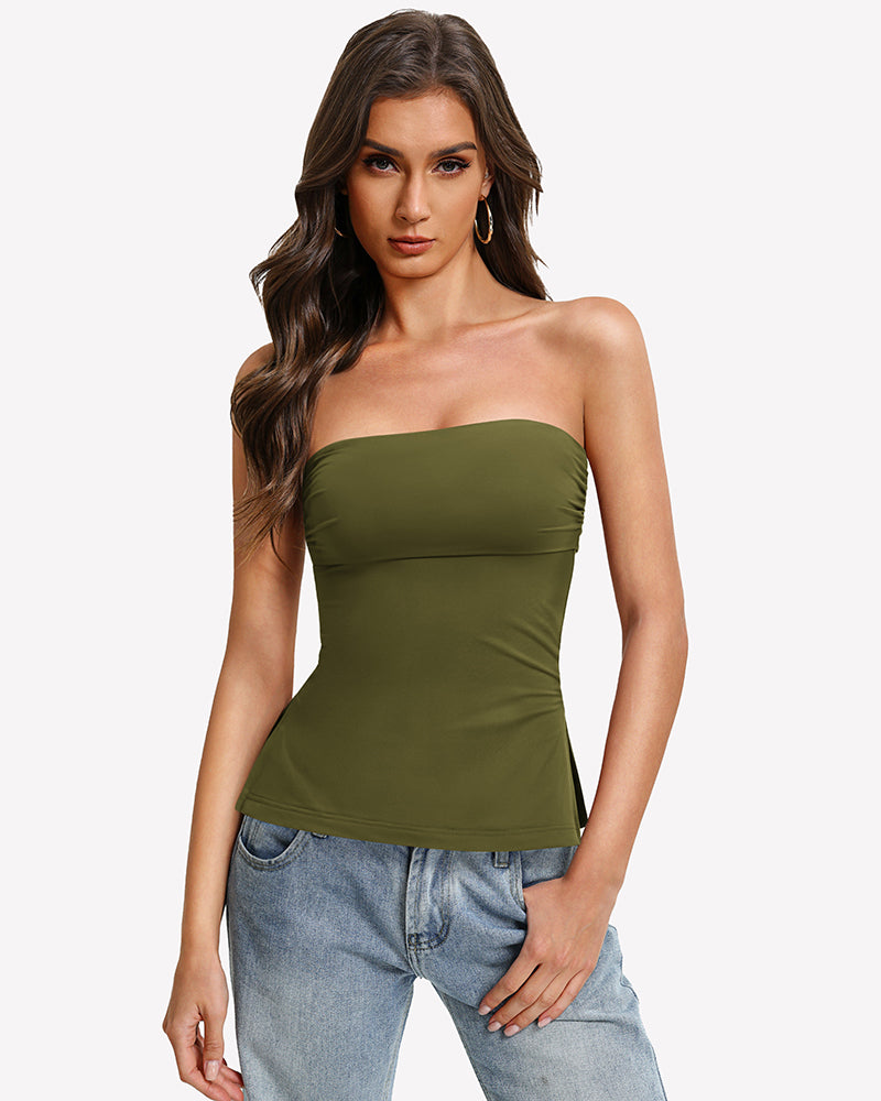 Olive green strapless bandeau tube top, fitted with curved hem