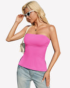 Pink strapless bandeau tube top, fitted with ruched side shaping