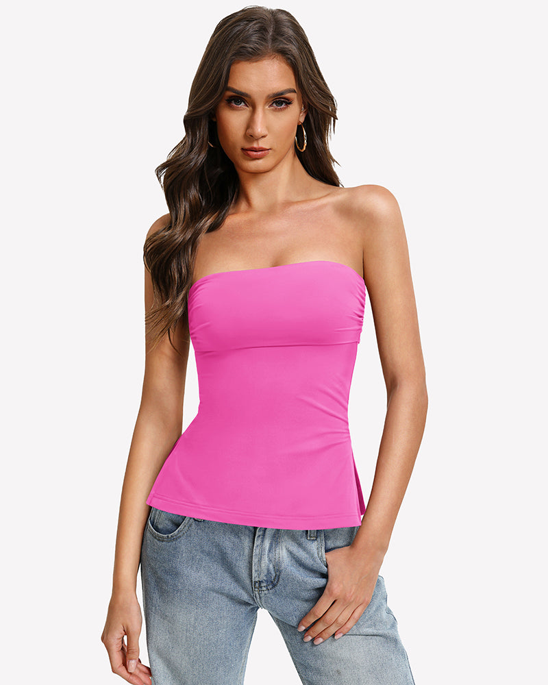 Fuchsia strapless bandeau tube top, fitted bust and curved hem