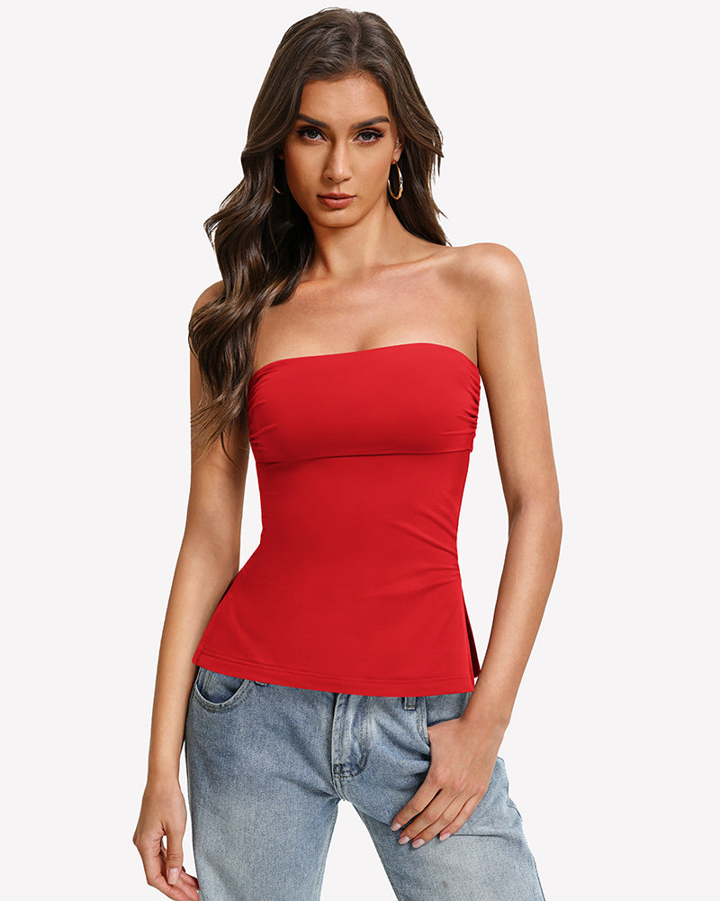 Red strapless bandeau tube top, fitted with curved hem