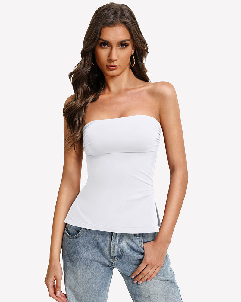 White strapless bandeau tube top, fitted with curved hem