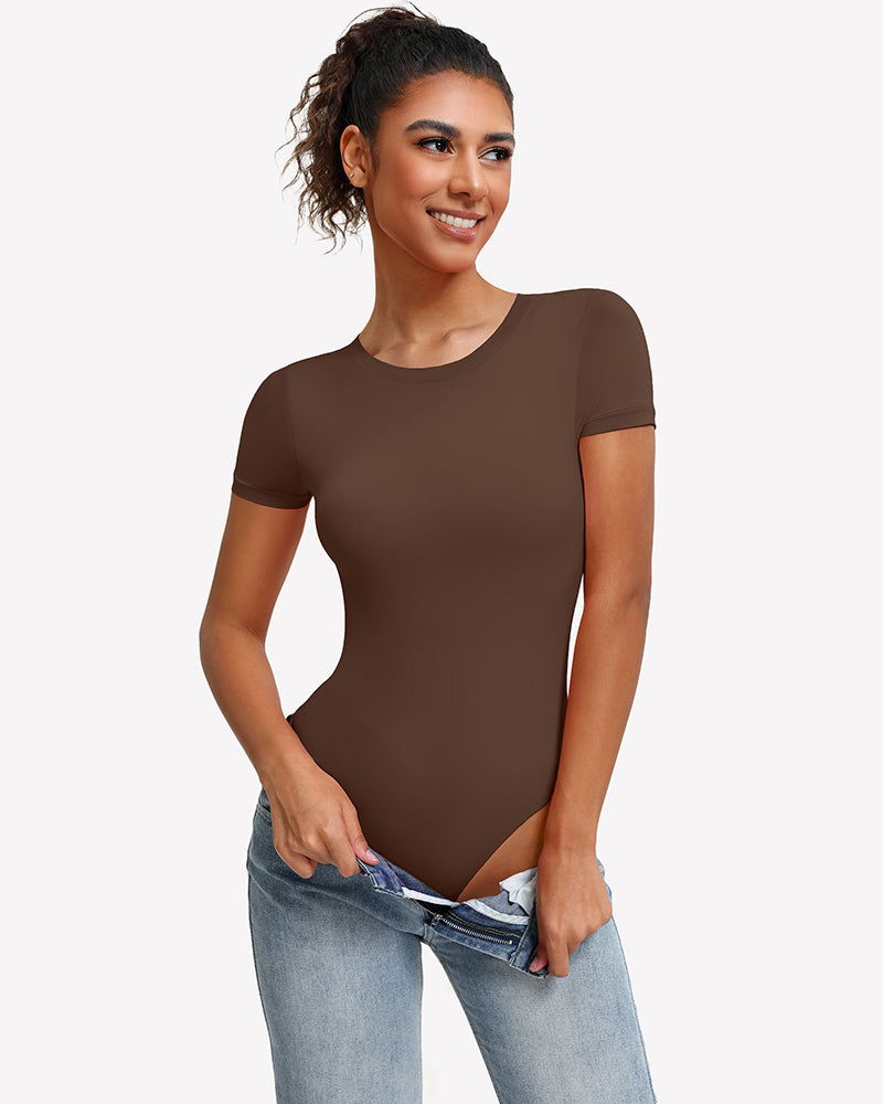 Short-sleeve snap bodysuit, brown fitted one-piece with short sleeves and snap closure.