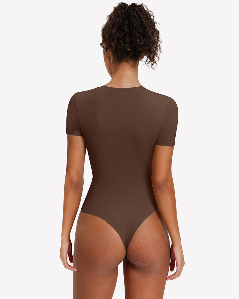 Short-sleeve snap bodysuit, brown back view with smooth fitted silhouette and thong-style back.