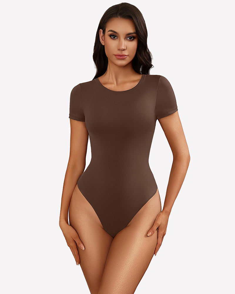 Brown short-sleeve snap bodysuit, scoop neck, fitted one-piece leotard.