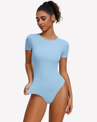 Short-sleeve snap bodysuit, light blue fitted one-piece with short sleeves and snap closure.