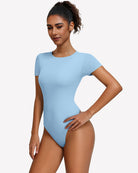 Short-sleeve snap bodysuit, light blue fitted one-piece with snap-button front closure.