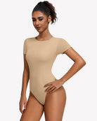 Khaki short-sleeve snap bodysuit, scoop neck, fitted one-piece leotard.
