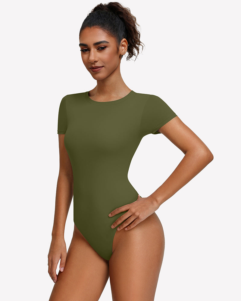 Olive green short-sleeve snap bodysuit, scoop neck, fitted one-piece leotard.