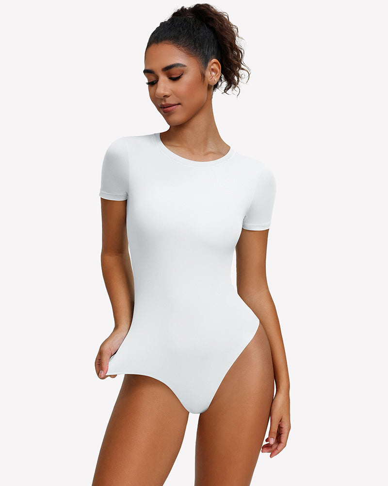 White short-sleeve snap bodysuit, scoop neck, fitted one-piece leotard.