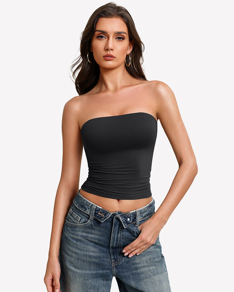 Black bandeau tube top with ruched hem, strapless double-lined fit.