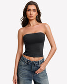 Black bandeau tube top with ruched hem, strapless double-lined fit.