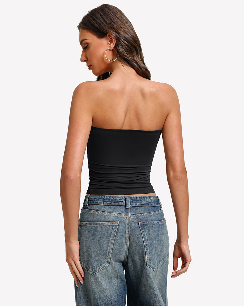 Black strapless tube top, ruched waistline, double-lined back view.