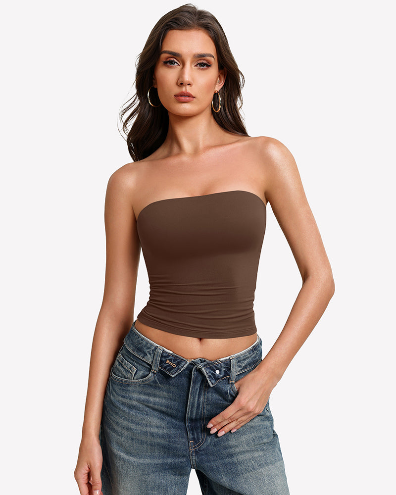 Brown bandeau tube top with ruched hem, fitted double-lined strapless design.