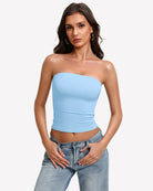 Light blue strapless tube top with ruched hem, fitted double-lined design.