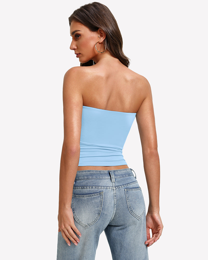 Light blue strapless tube top, ruched waistline, double-lined back view.