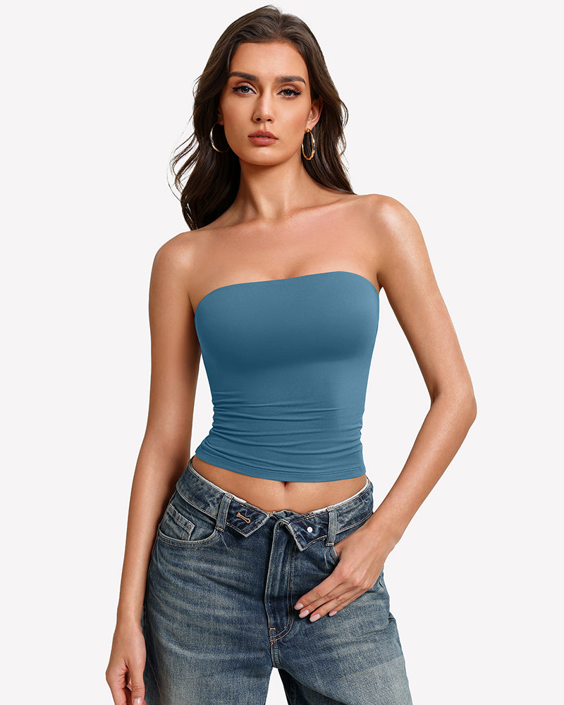 Teal blue bandeau tube top with ruched hem and double-lined strapless fit.